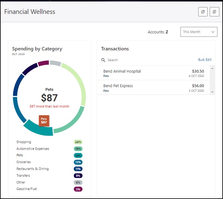 Financial Wellness Widget  |  Screen shot of Mid Oregon online banking expense categoration.